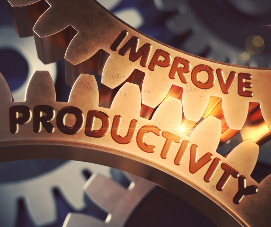 Cogs with the words improve productivity embossed on them