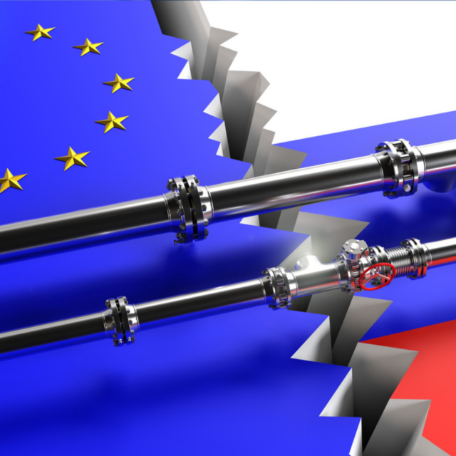 Fractured lines between EU and Russian flag, with oil pipes crossing over them - War in Ukraine and the options for Europe’s energy supply