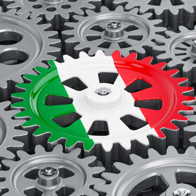 Set of cogs, with the Italian flag at the centre