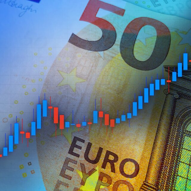 Euro with a stock market index chart. Euro rise concept. European inflation. Economic recovery of Europe. Europe economic and financial recovery.